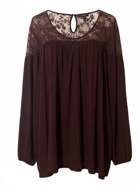 Lane Bryant Blouse Women’s 22/24 Maroon Sheer Lace Long Sleeve Peasant Career